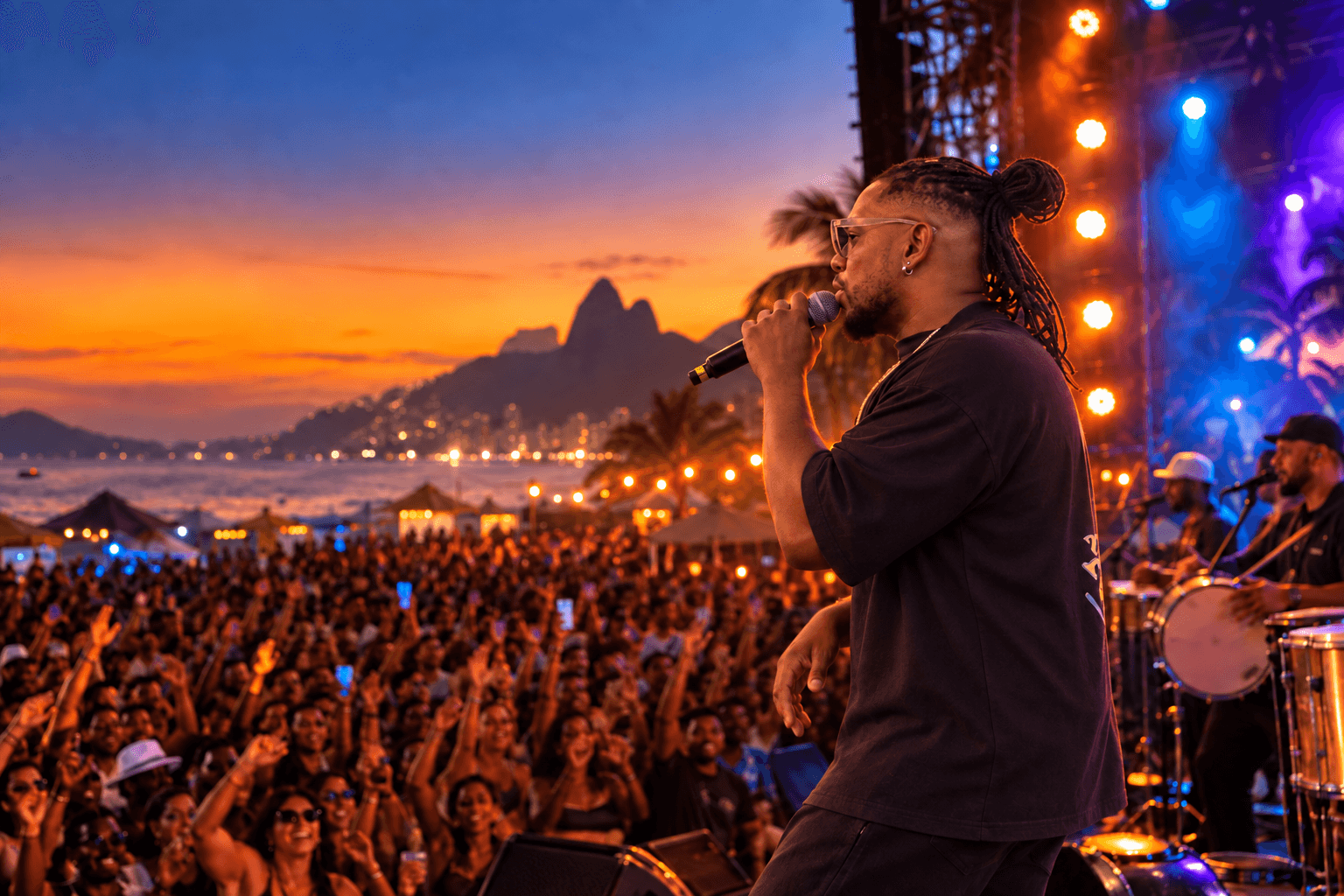 Nego Denni cantando ao microfone em uma apresentação ao vivo